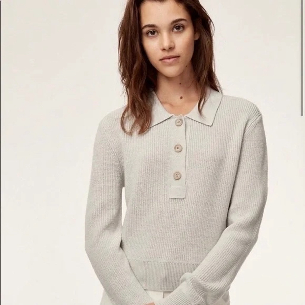 Aritzia WILFRED MERINO WOOL longsleeve crop polo collar button up knit sweater S